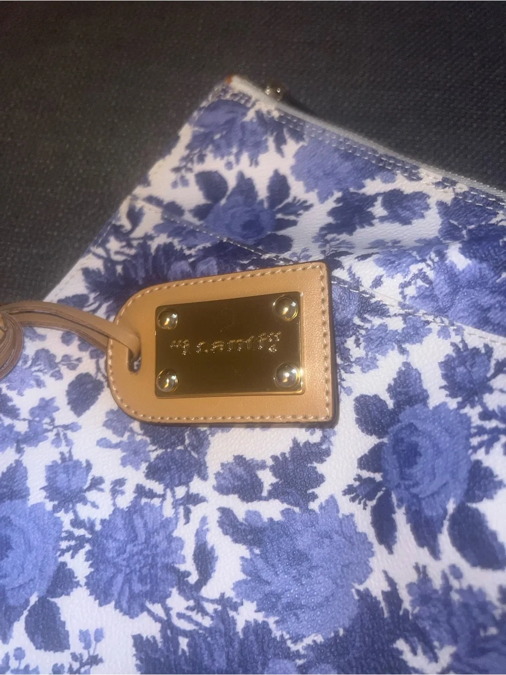 Blue Floral Tote with Tan Handles by Santi